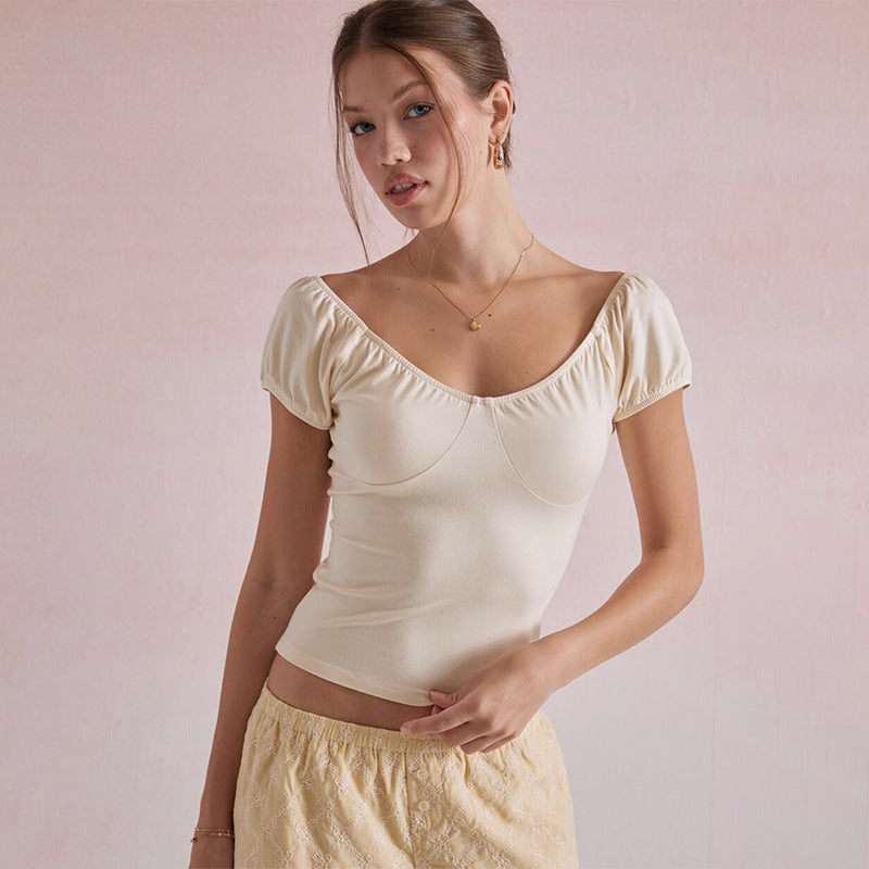 Short Sleeve V-neck Simplicity Backless Casual Top T-shirt