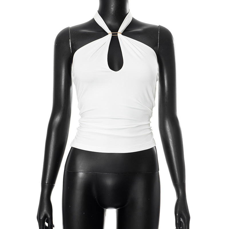Cross Border Halter Solid Color Metal Ring Backless T-shirt Top