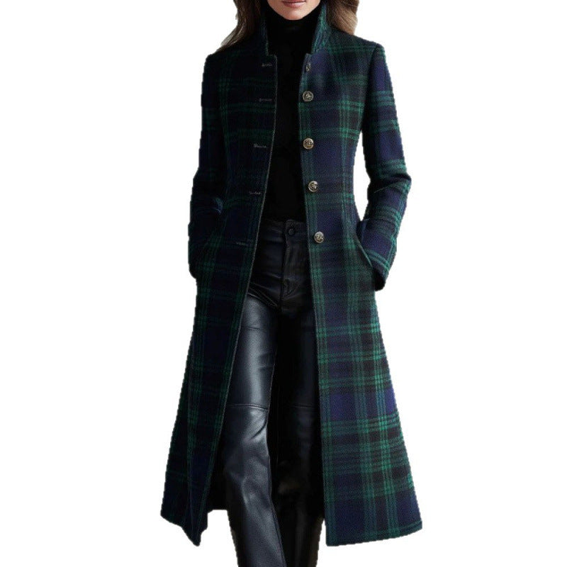 Womens Single-Breasted Plaid Long-Sleeve Long Cardigan Coat
