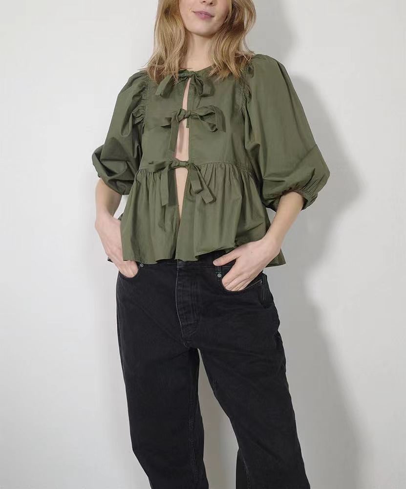 Spring And Summer New Women's Sweet And Casual Round Neck Bubble Sleeve Tied Striped Shirt