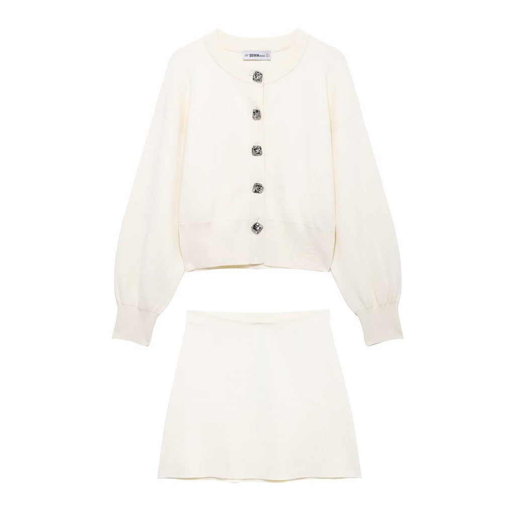 Flower Button Decoration Knitted Coat Short Mini Skirt Suit