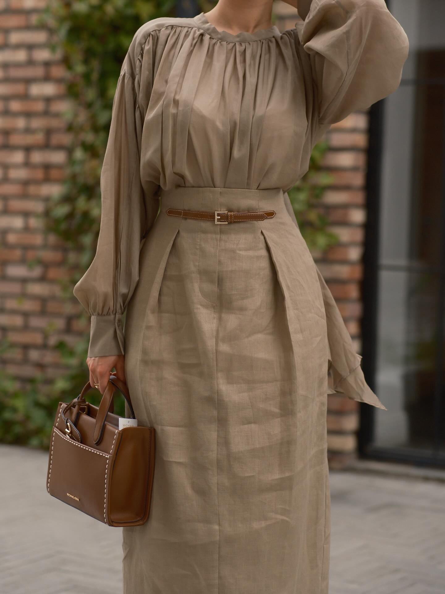 Khaki Puff - Sleeve Blouse And Midi Skirt Set