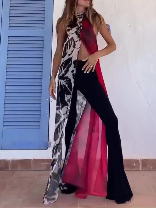 Abstract Print Halter Neck High Slit Tunic Top