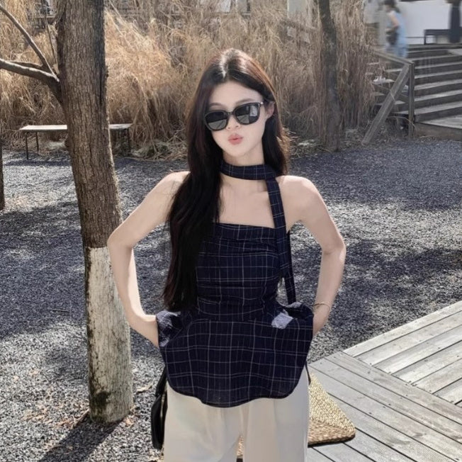 American Retro Plaid Tube Top Vest For Women