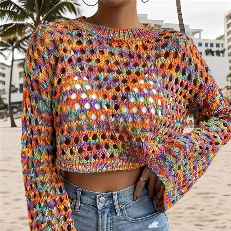 Iridescent Crew-neck Hollow-out Loose Cropped Top