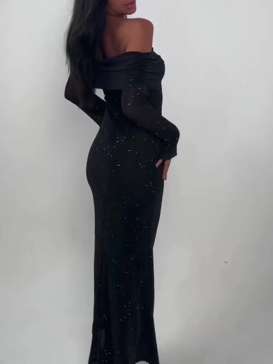 Black Off-Shoulder Maxi Dress With Glitter Detail And Mesh Sleeves