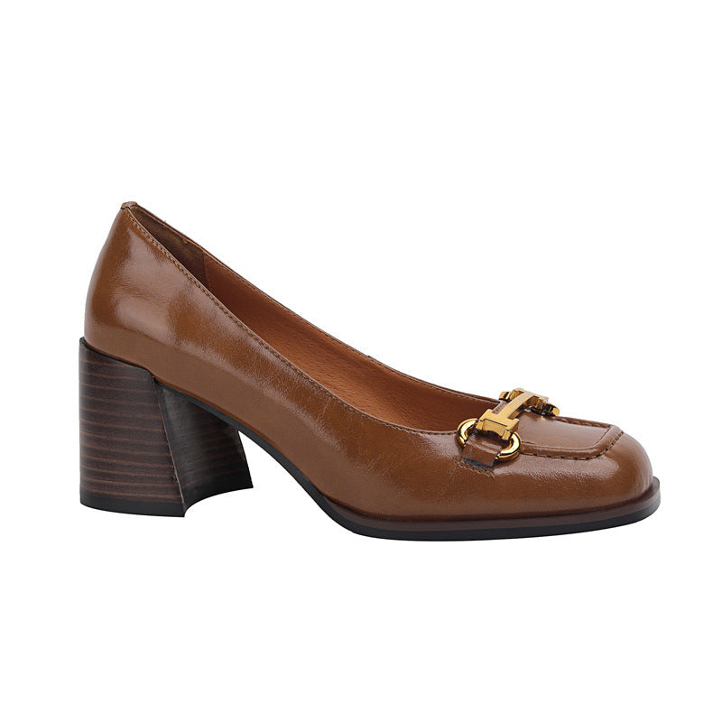 Womens Retro Square-Toe French-Style Chunky-Heel Pumps