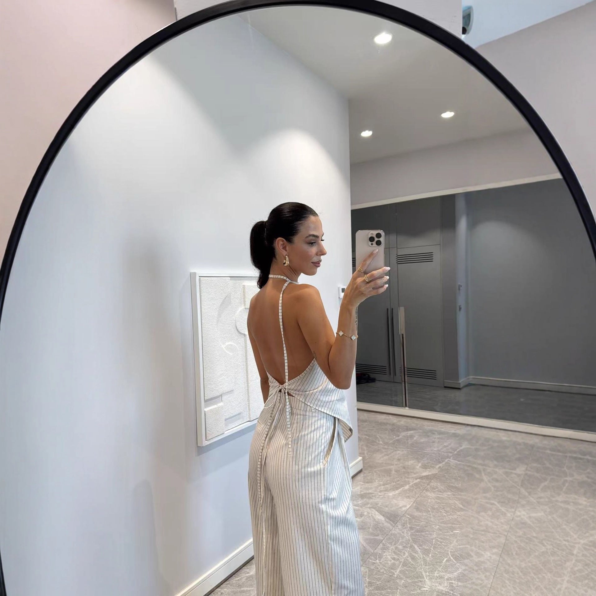 Off-shoulder Striped Irregular Top And Pants Two-piece Set