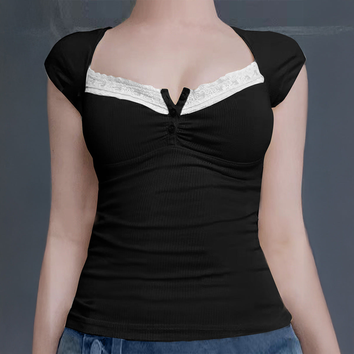 Y2g Lace Stitching Square Collar Knitted T-shirt Sweet Hot Girl Slim Short-sleeved Tops