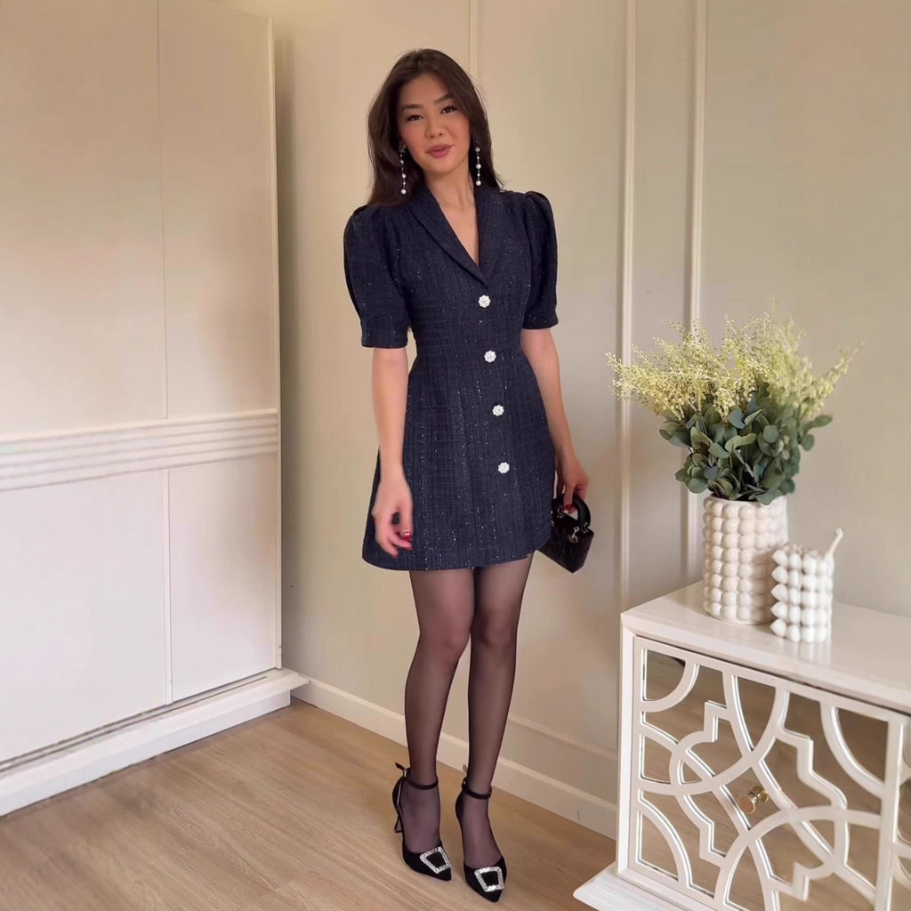 Short-sleeve Cardigan Mini Dress With A Suit Collar