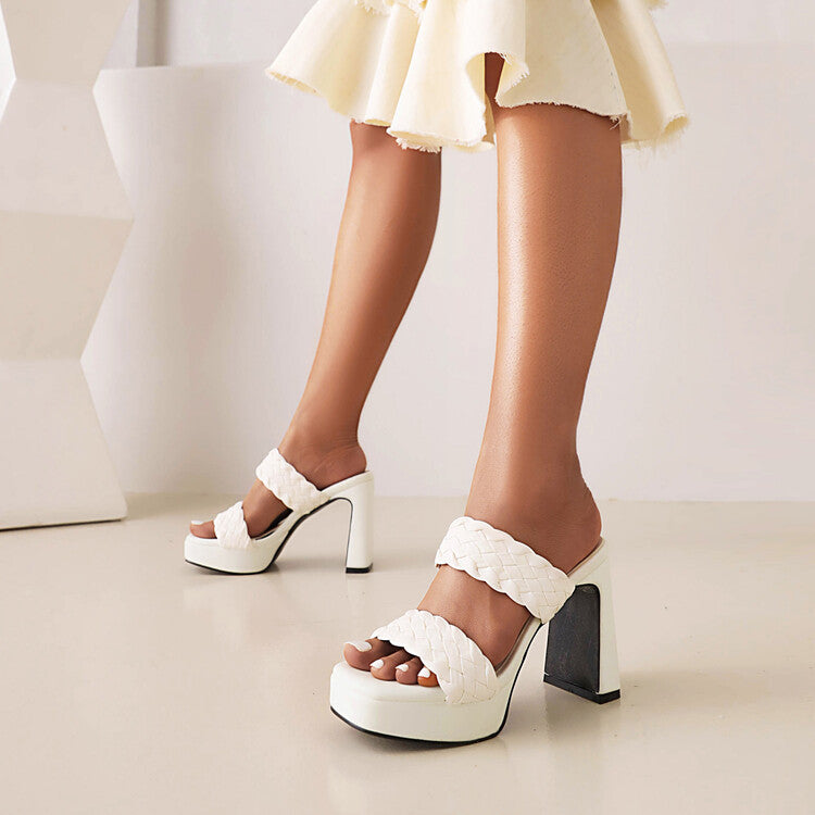 Round Toe Open Toe Side Empty Woven Foot Waterproof Platform Chunky Heel High Heel Sandals