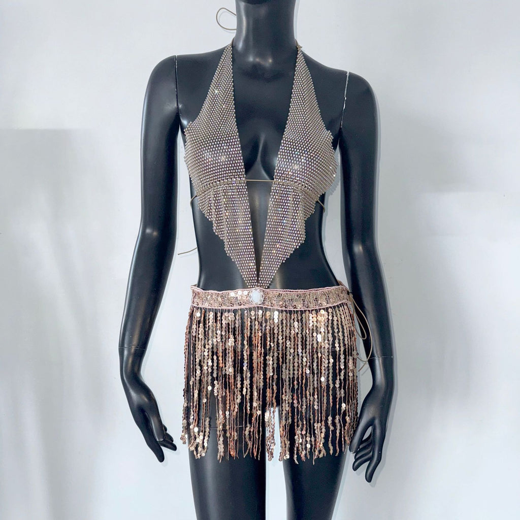 Sequin Halter Dress Fishnet Rhinestone Sling