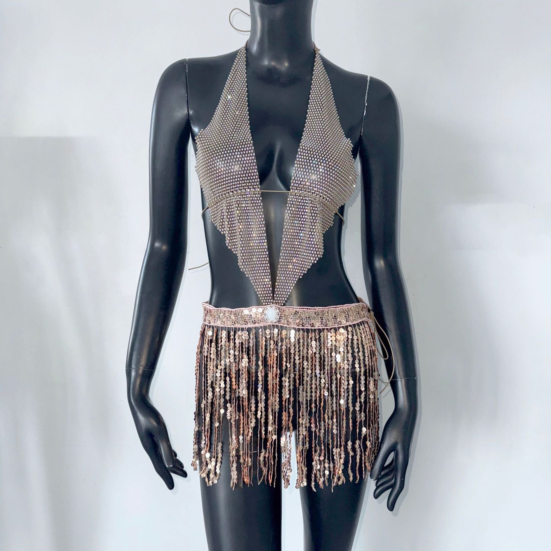 Sequin Halter Dress Fishnet Rhinestone Sling