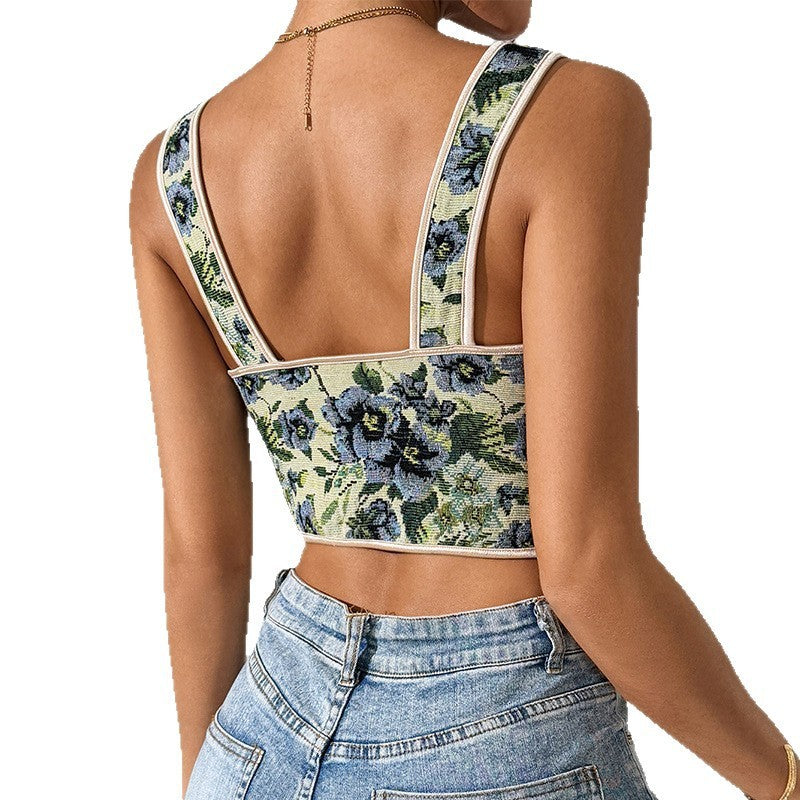 French Retro Printed Lace Up Corset Sexy Vest