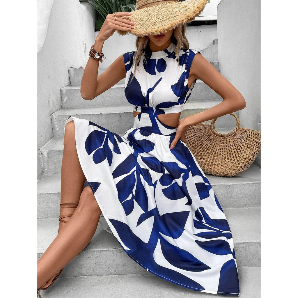 Round Neck Short Sleeve High Waist Plant Flower Print Women Dress