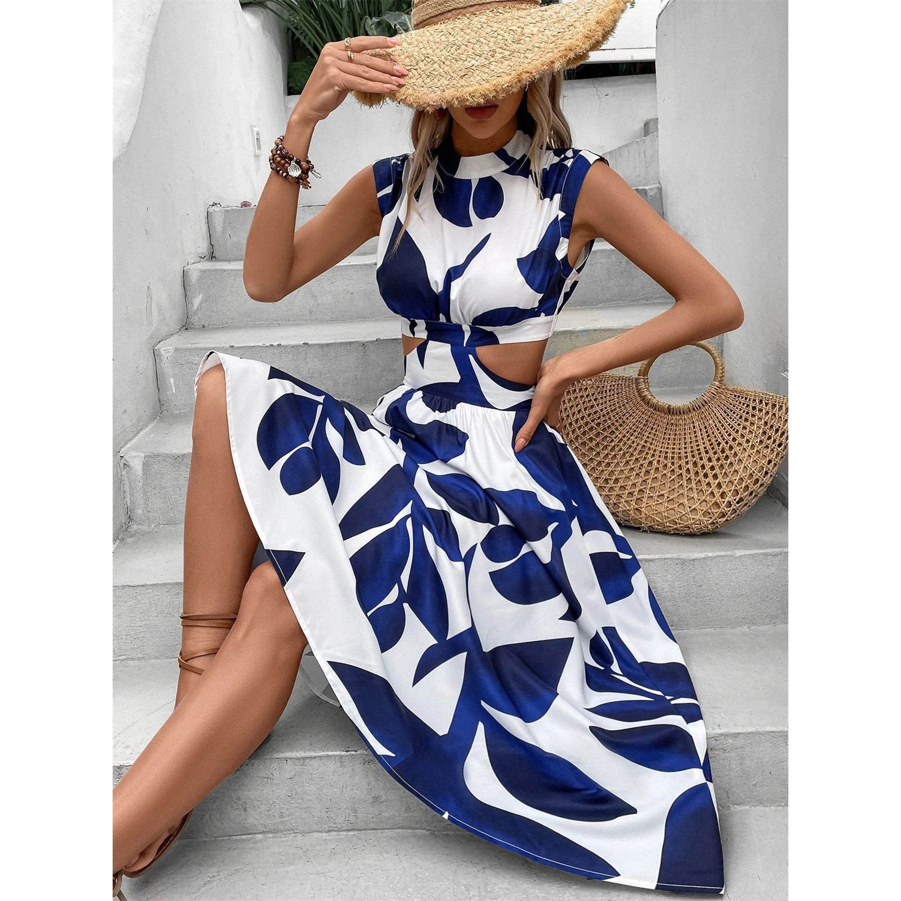 Round Neck Short Sleeve High Waist Plant Flower Print Women Dress