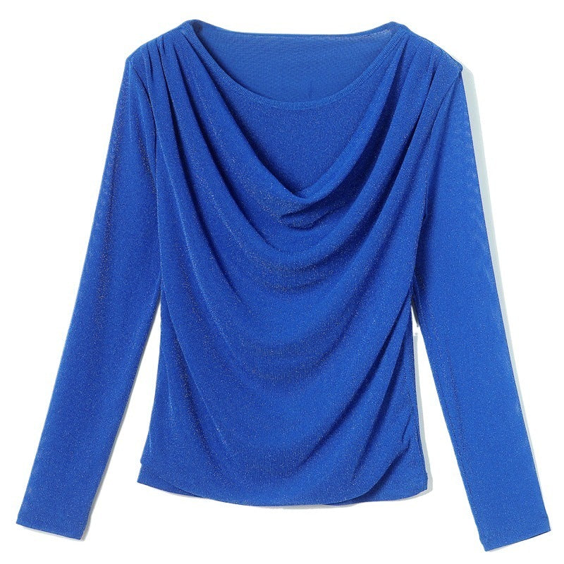 Round Neck Shiny Silk Long Sleeve Pullover Elegant Top