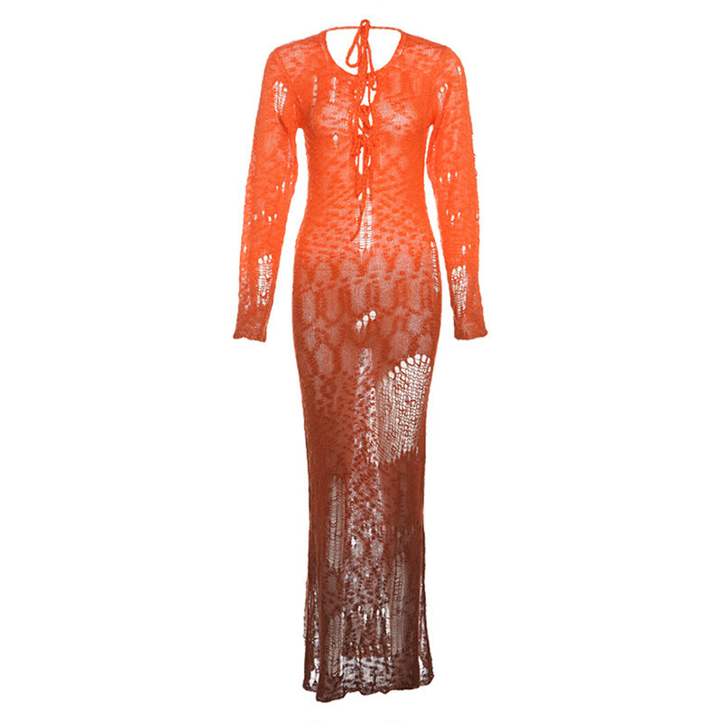 Fashion Women's Wear See-through Backless Lace Up Slim Fit Dress