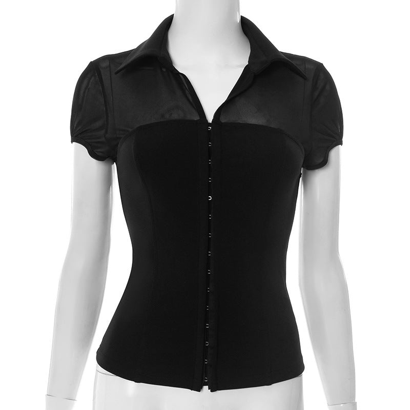 Solid Color And V-neck Hidden Hook Gauzy Stitching T-shirt Top