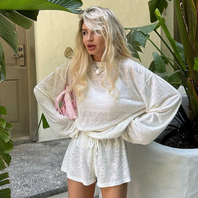 Solid-Color Sheer Minimalist Shorts Two-Piece Set