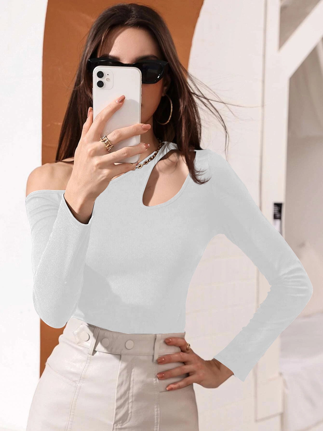 Sexy Hollow-out Waist-casual Long Sleeve Women's T-shirt