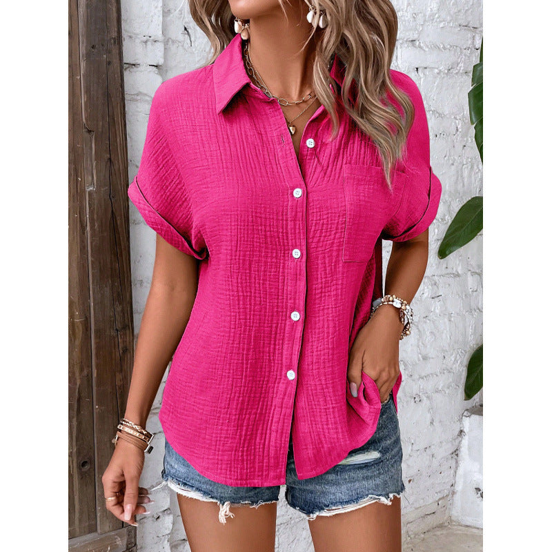Summer New Women's Pure Cotton Shirt Solid Color Casual Button Shirt With Pocket
