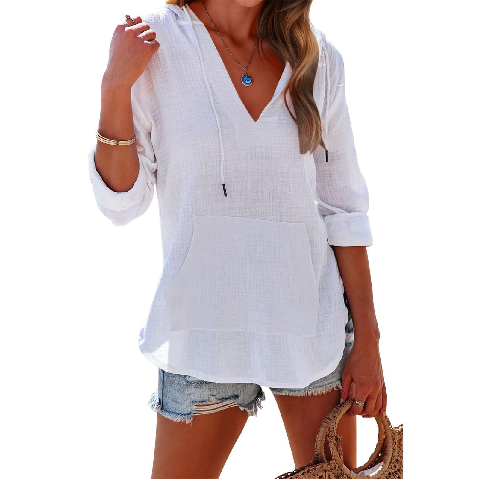 Sports Long Sleeve V-neck Pocket Hooded Women's Shirt Top
