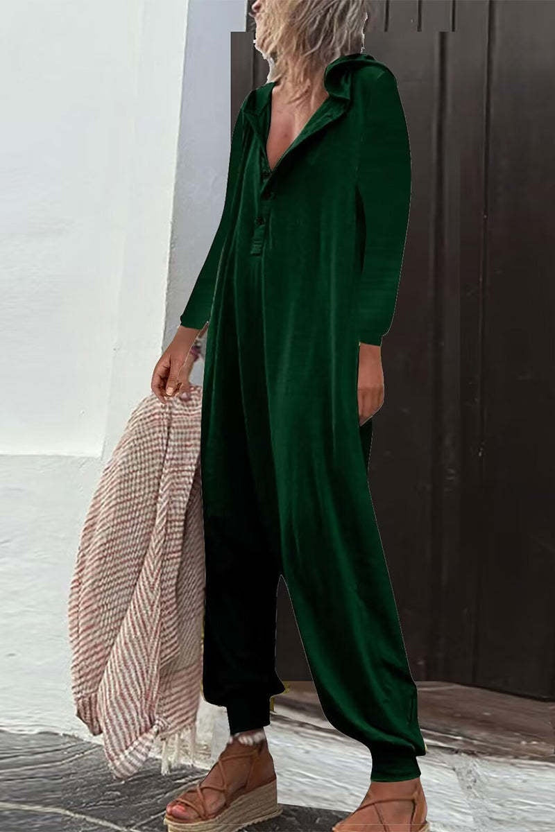 Hooded Side Pocket Long Sleeve Trousers Jumpsuit Baggy Pants