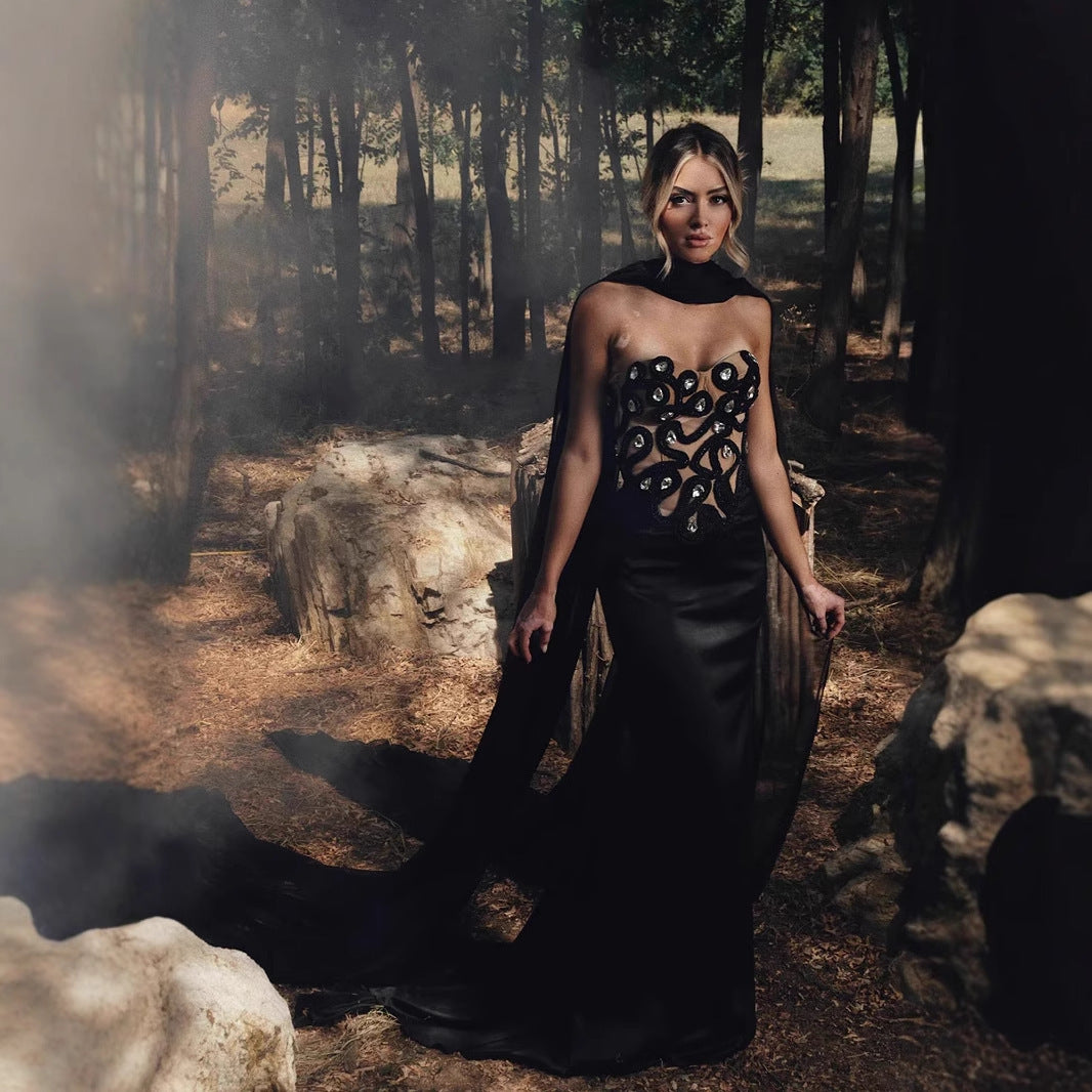 Women's High-end Delicate Bead-set Diamond Evening Dress