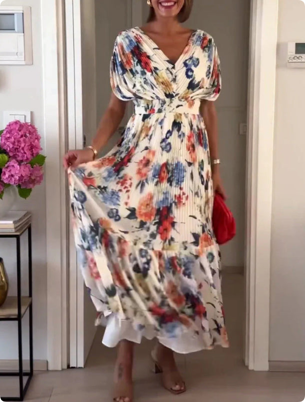 Elegant V-neck Printed Pleated Dress Women