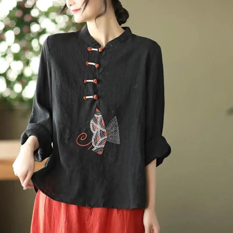Ethnic Style Plus Size Cotton And Linen Shirt For Women