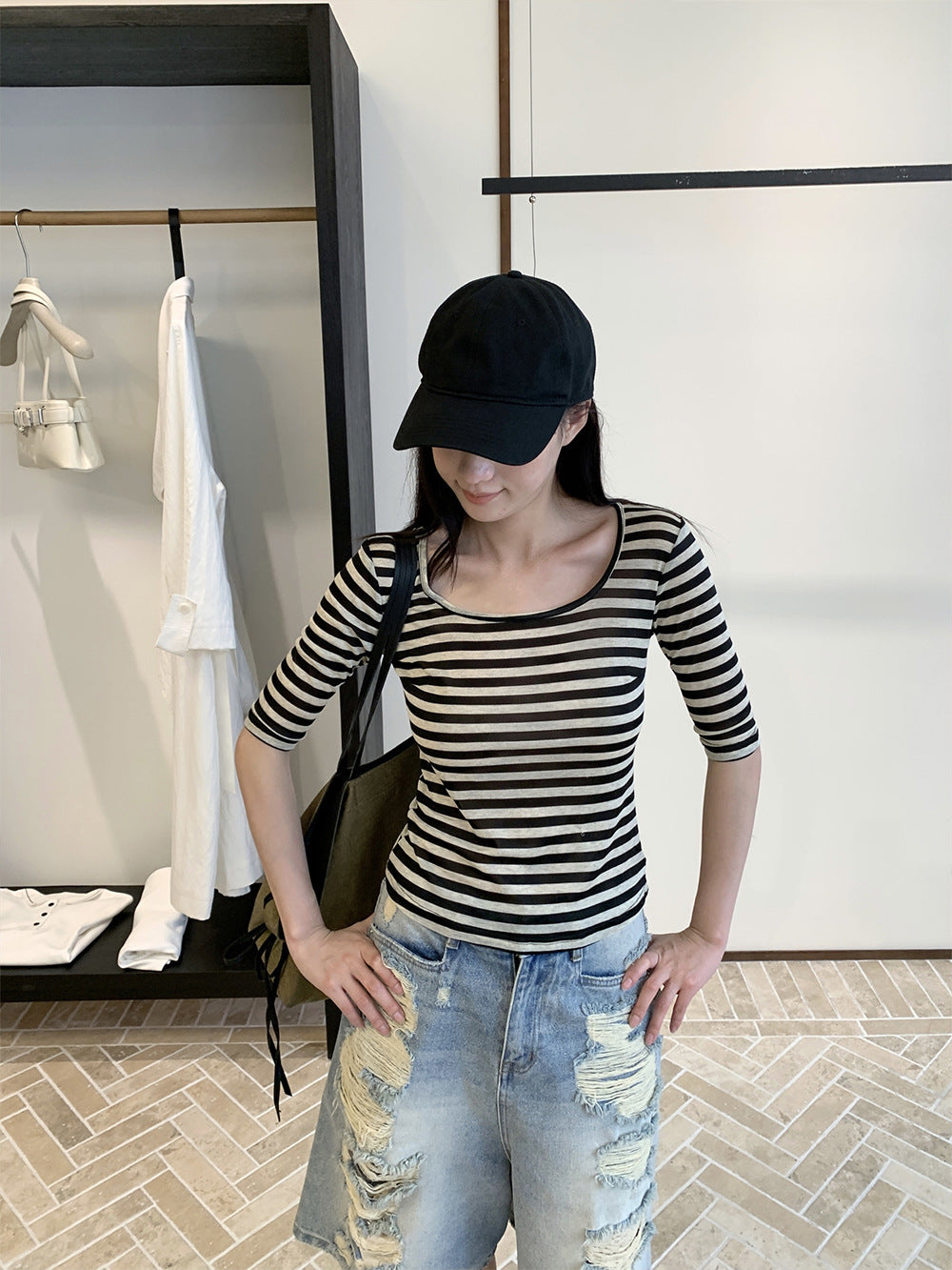 Summer U-neck Striped T-shirt Women's Elastic Mid-sleeve Top