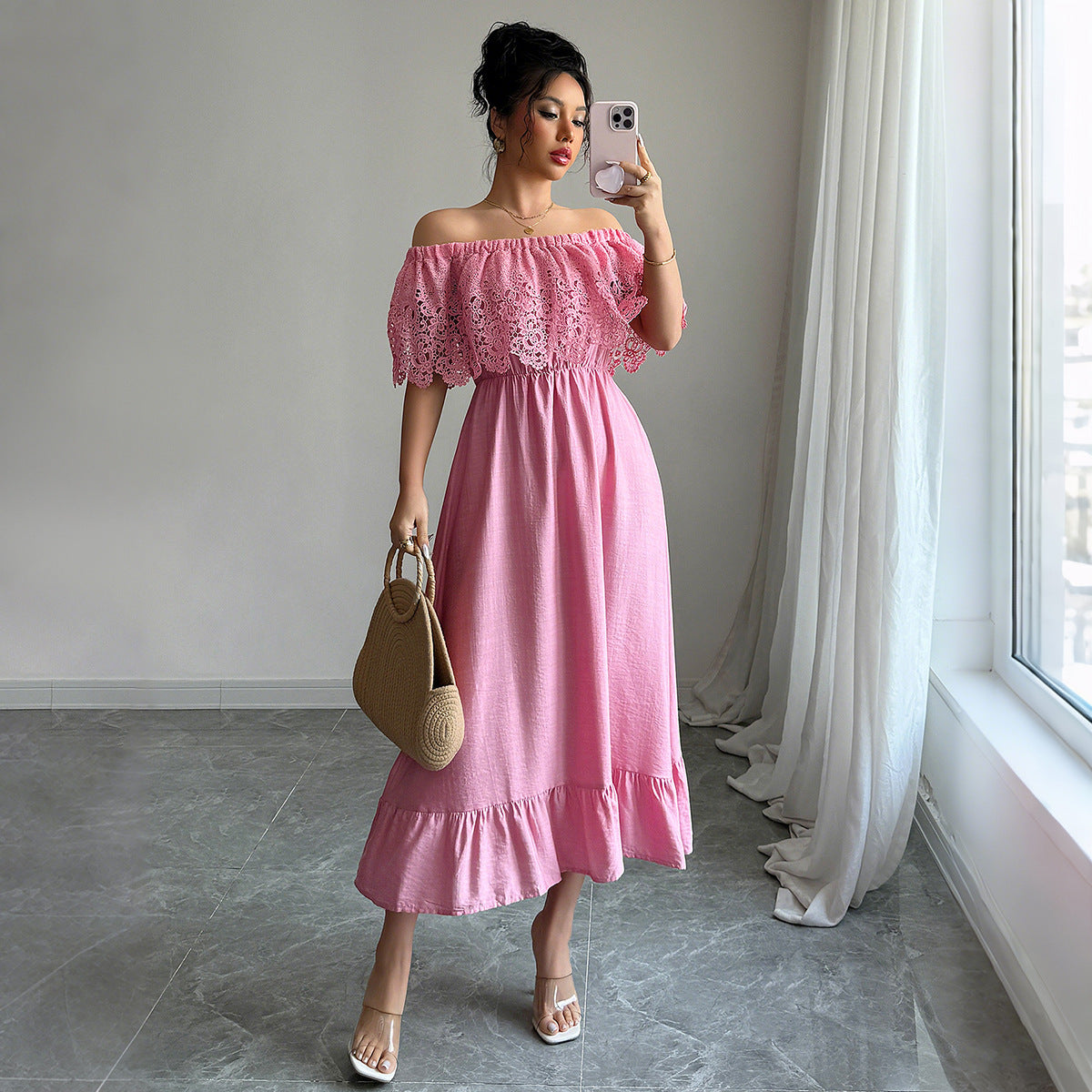 European And American Elegant Style Off-shoulder A- Line Dress