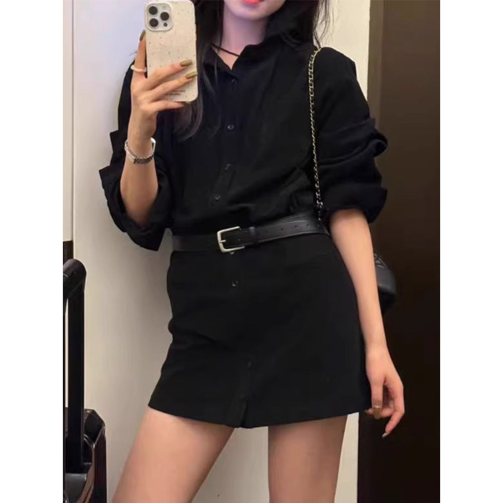 Single-breasted Waist-cinching Slimming Long-sleeve Shirt Dress