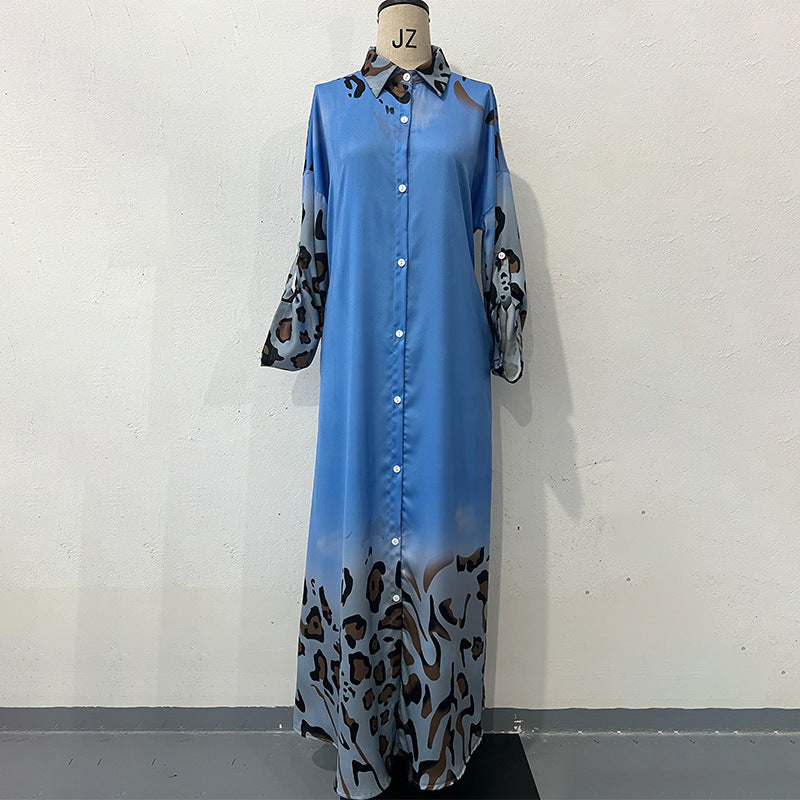 Positioning Printed Long Sleeve High Waist Temperament Vintage Robe Dress