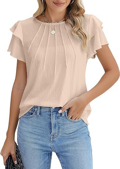 Hot Selling Women's Formal Casual Summer Pleated Short Sleeved Round Neck Top, Business Work Shirt