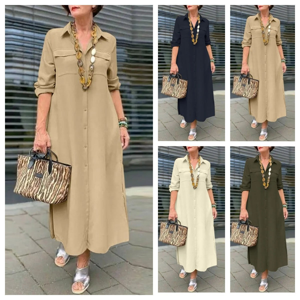 Elegant Solid Color Long Sleeve Button Lapel Dress