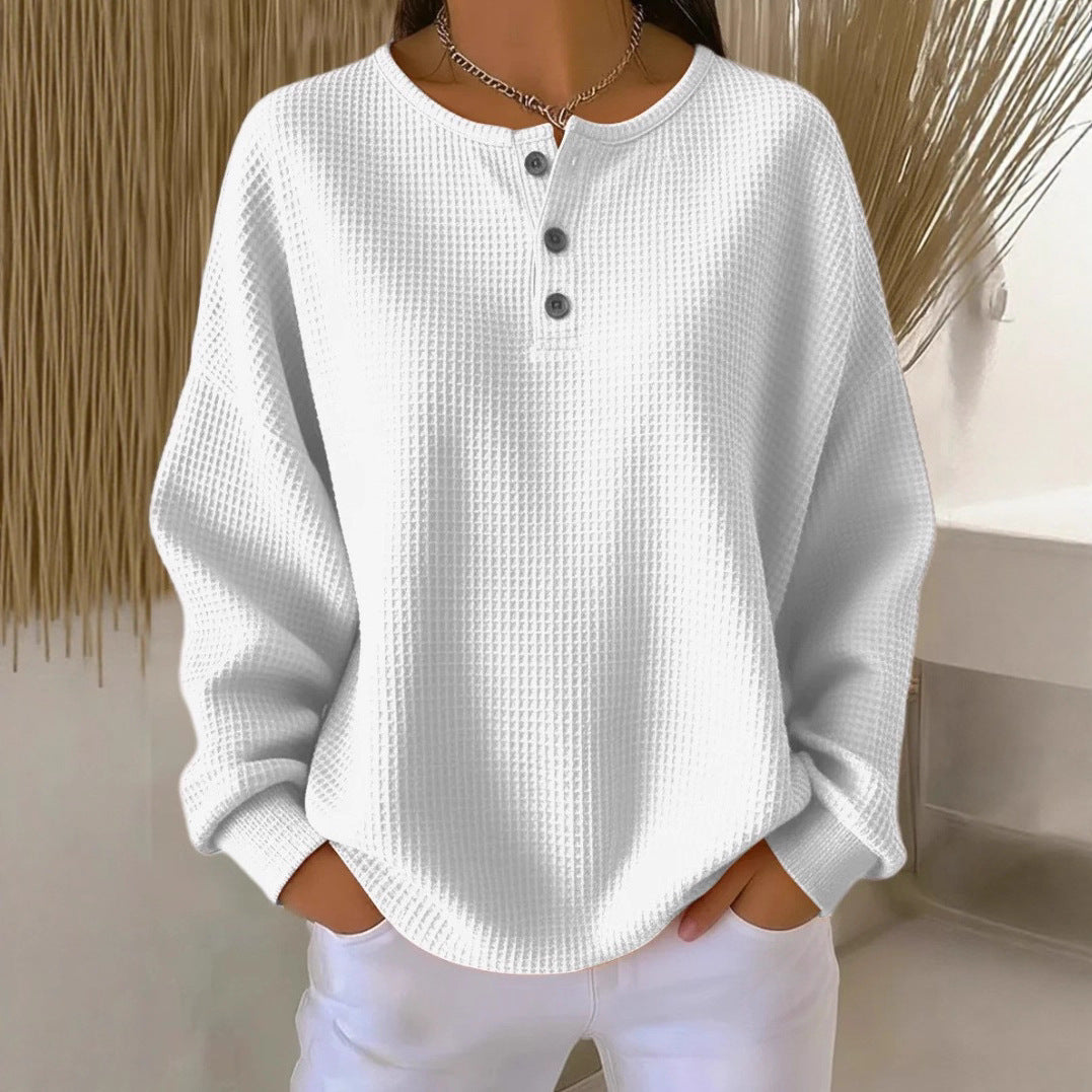 Round Neck Waffle Solid Color Pullover Loose Top