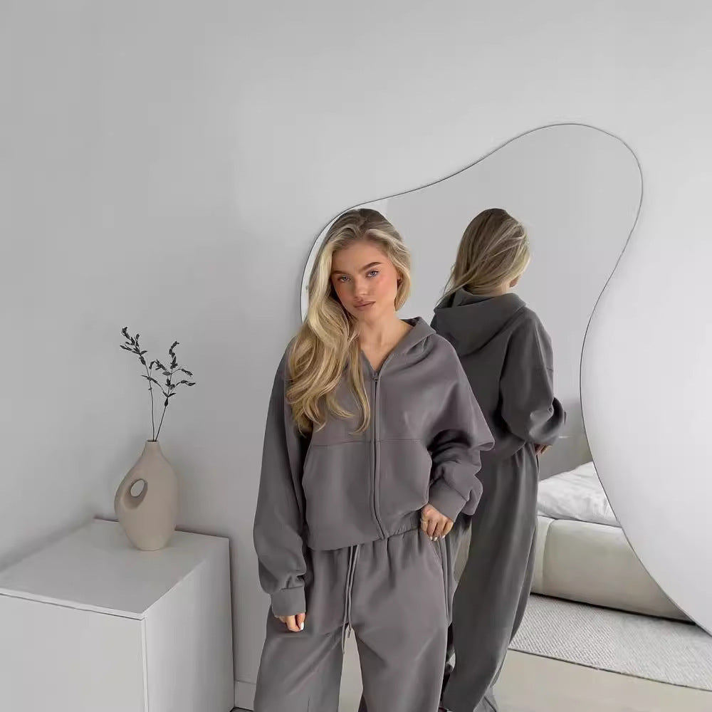 Zipper Hooded Sport Cardigan Lace-up Trousers Two-piece Casual Suit