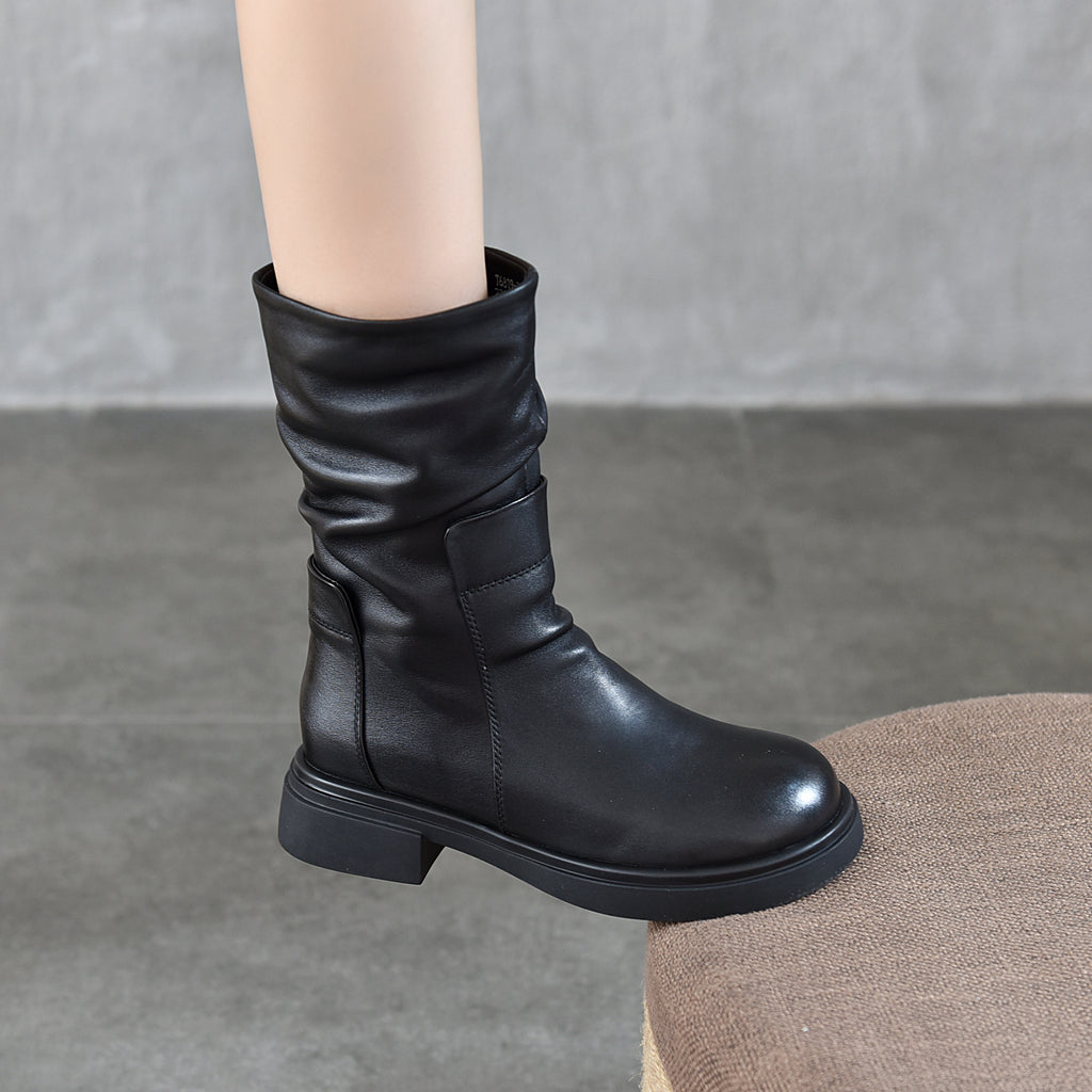 Womens Round-Toe Boots With Genuine Leather Side Zipper