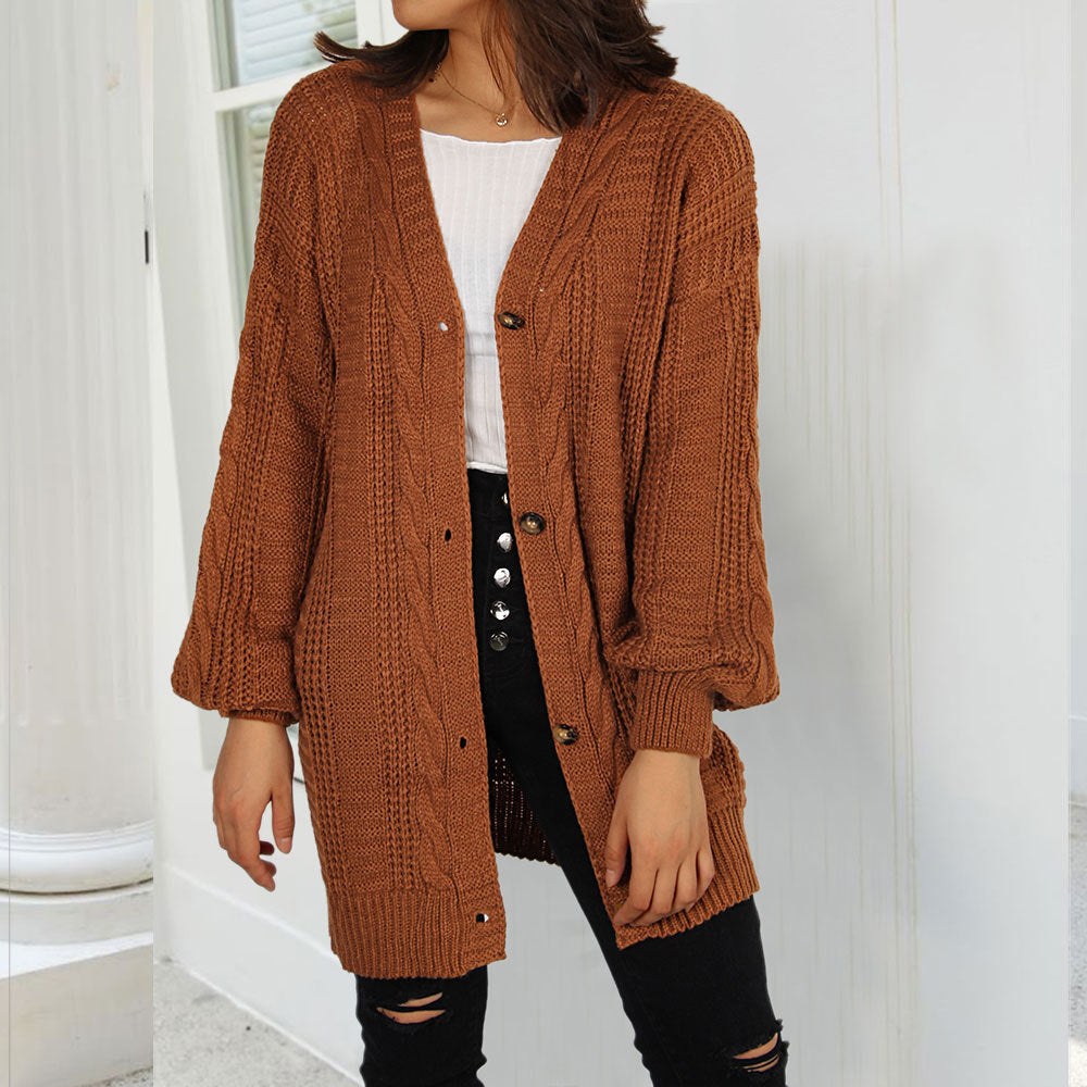 Autumn New Knitted Solid Color Plus Size Cardigan V-neck Twist Lantern Sleeve Coat For Women