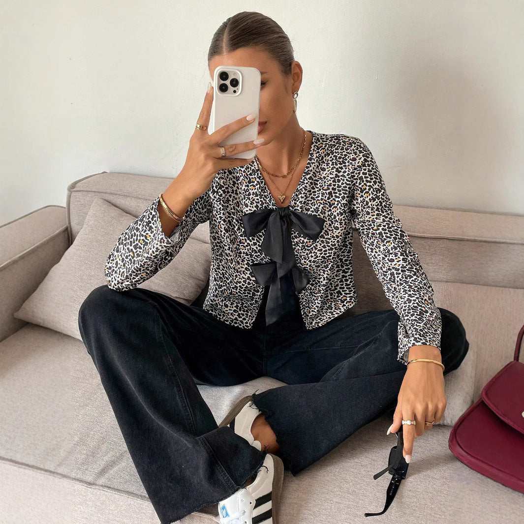 European And American Long Sleeve Leopard Print Cardigan Fashion Design Blouse