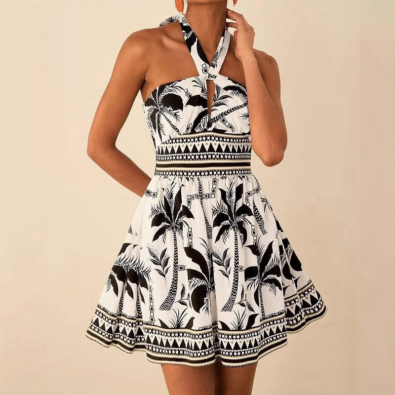 Printed Lace-up Sleeveless Halter neck Slip Dress