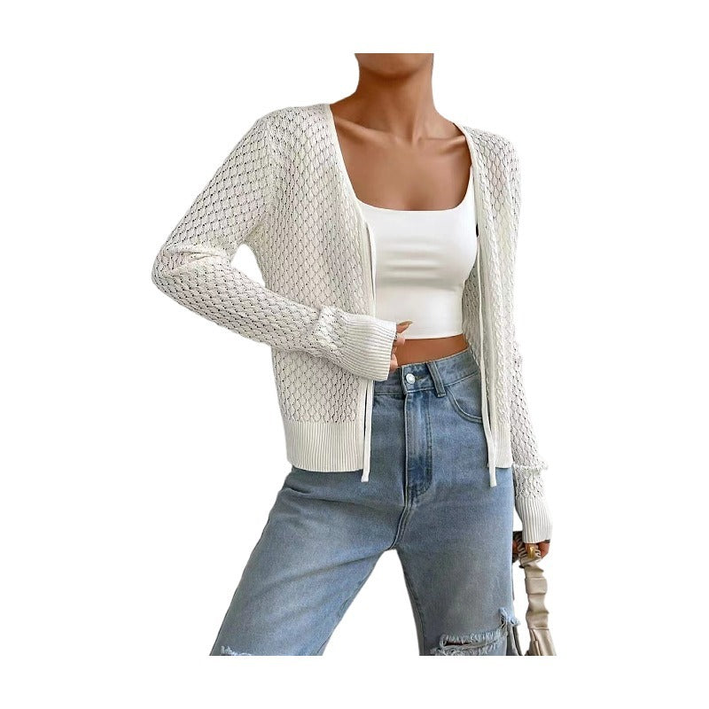 Women's New Lace-up Hollow Long Sleeve Knitted Cardigan Coat