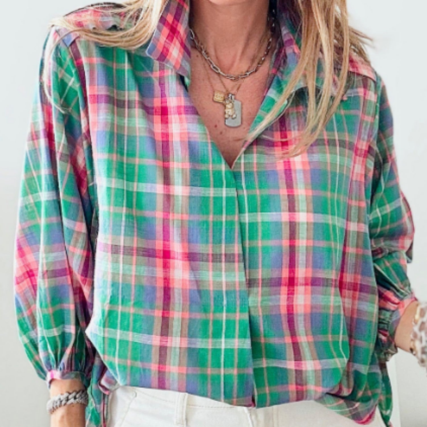 Green Checkered Sleeveless Shirt With Loose Collar