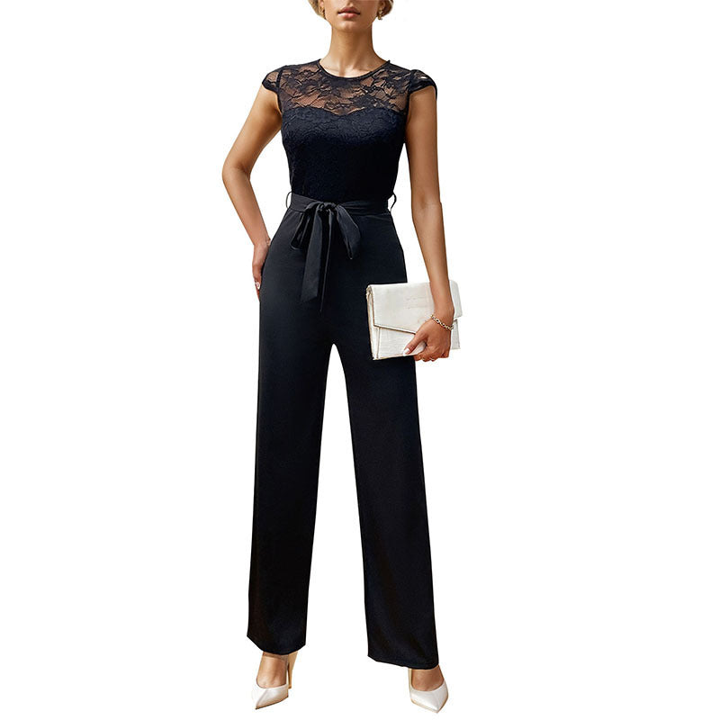 Lace Stitching Sleeveless Jumpsuit High Waist