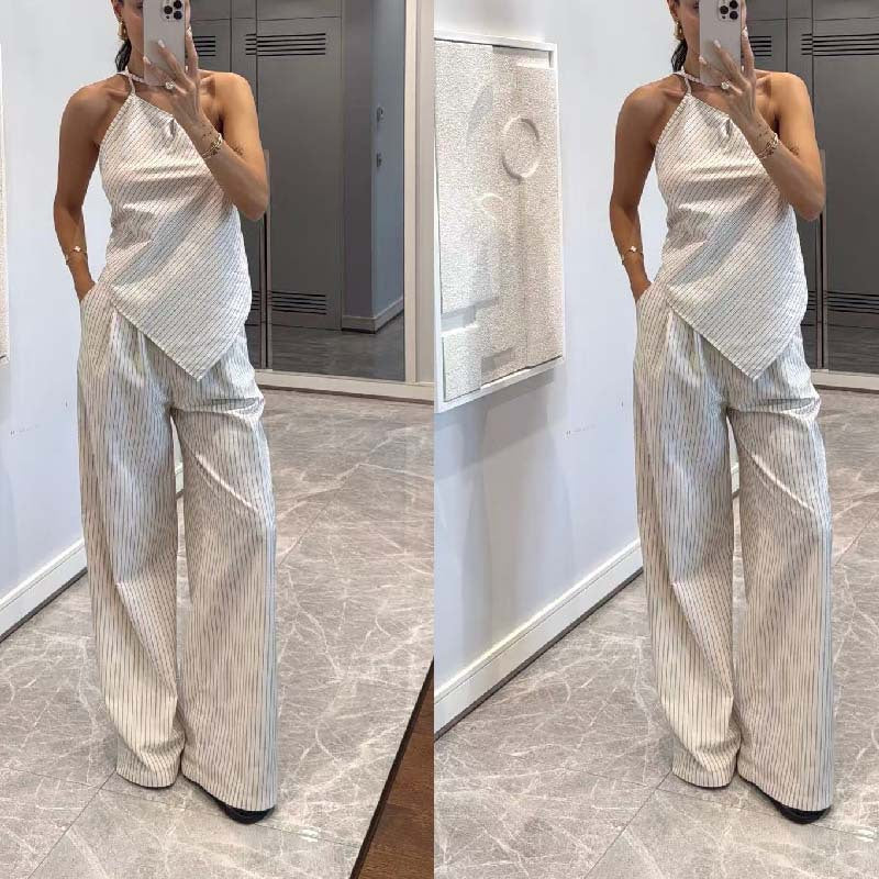 Off-shoulder Striped Irregular Top And Pants Two-piece Set