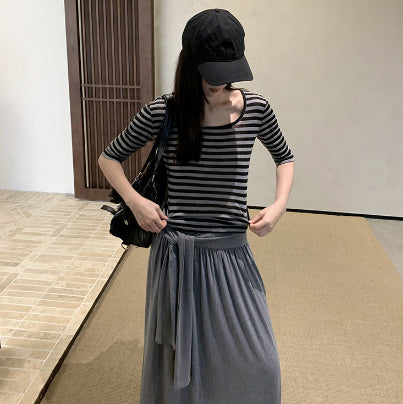 Summer U-neck Striped T-shirt Women's Elastic Mid-sleeve Top