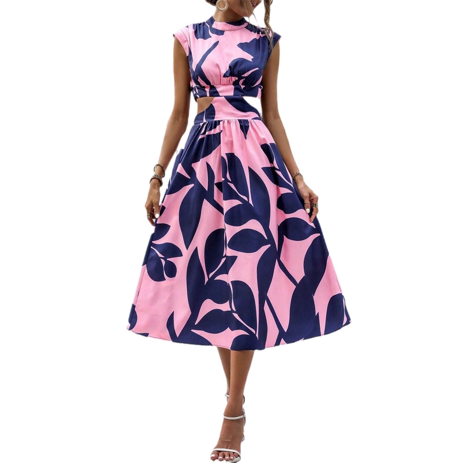 Round Neck Short Sleeve High Waist Plant Flower Print Women Dress