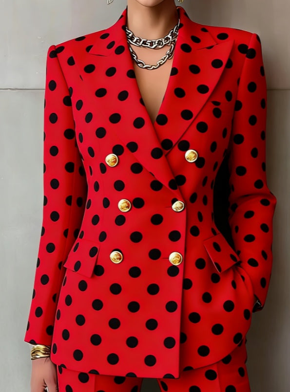 Retro Geometric Double-breasted Suit Jacket For Women, Long-sleeved, Slim Fit, Suitable For Commuting.
